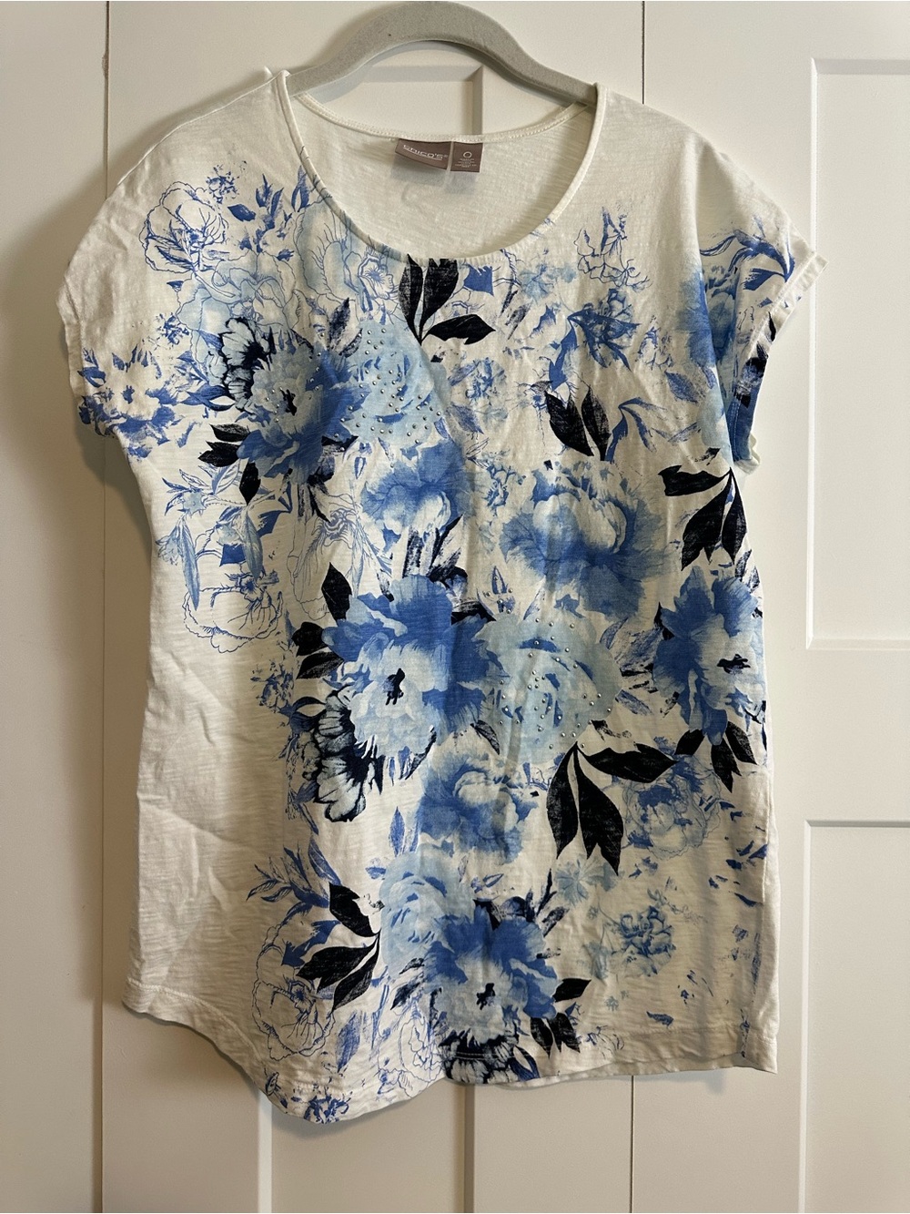 Chico's White Short-Sleeve Top with Blue Floral Print
